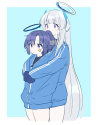 Rule 34 | 2girls, aged down, blue archive, blue gloves, commentary request, cowboy shot, gloves, grey hair, halo, headphones, hug, hug from behind, jacket, kyuuri (miyako), long hair, mechanical halo, multiple girls, noa (blue archive), purple eyes, purple hair, star sticker, sticker on face, track jacket, yuuka (blue archive), yuuka (track) (blue archive)