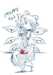 Rule 34 | 1girl, :p, bow, candy, censored, cirno, food, hair bow, lollipop, monochrome, no panties, novelty censor, short hair, sitting, smile, solo, sonson (eleven), spot color, tongue, tongue out, touhou