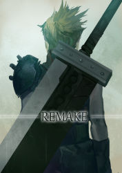 Rule 34 | 1990s (style), 1boy, asymmetrical clothes, asymmetrical hair, back, blonde hair, buster sword, cloud strife, club3, english text, final fantasy, final fantasy vii, from behind, gradient background, huge weapon, male focus, retro artstyle, short hair, shoulder pads, sleeveless, solo, spiked hair, sword, upper body, weapon