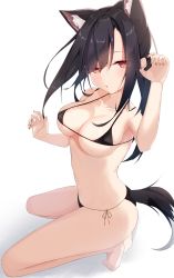 Rule 34 | 1girl, absurdres, anger vein, animal ear fluff, animal ears, artist name, azur lane, barefoot, bikini, black bikini, black hair, bracelet, breasts, brown eyes, cleavage, collarbone, fang, heart, heart-shaped pupils, highres, jewelry, long hair, looking at viewer, lows., medium breasts, micro bikini, miniskirt, nail polish, navel, off-shoulder bikini, off shoulder, open mouth, pleated skirt, red nails, sailor bikini, sailor collar, shigure (azur lane), side-tie bikini bottom, simple background, skirt, solo, squatting, string bikini, swimsuit, symbol-shaped pupils, tail, thighs, tiptoes, toes, wristband