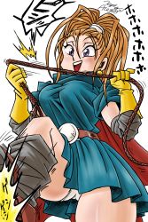Rule 34 | 1girl, barbara (dq6), breasts, cape, dragon quest, dragon quest vi, earrings, gengoro akemori, gloves, hairband, high ponytail, highres, jewelry, leg up, long hair, orange hair, panties, pantyshot, ponytail, purple eyes, red hair, skirt, smile, solo, square enix, translation request, underwear, whip, white panties, yellow gloves