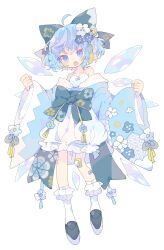 Rule 34 | 1girl, absurdres, ahoge, alternate costume, bandaid, bandaid on leg, bare shoulders, black footwear, blue bow, blue eyes, blue hair, blue kimono, bow, camisole, cirno, commentary request, fang, floral print, flower, full body, hair flower, hair ornament, hands up, highres, japanese clothes, kimono, long sleeves, looking at viewer, nikorashi-ka, off shoulder, open mouth, puffy shorts, shoes, shorts, simple background, socks, solo, tassel, tassel hair ornament, touhou, waist bow, white background, white camisole, white shorts, white socks, wide sleeves