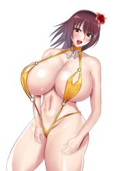 Rule 34 | 1girl, absurdres, artist request, bare shoulders, breasts, brown hair, collarbone, female focus, flower, hair flower, hair ornament, highres, huge breasts, medium hair, mizuki shiranui, navel, o-ring, o-ring swimsuit, official alternate costume, one-piece swimsuit, open mouth, red eyes, shiny skin, simple background, slingshot swimsuit, solo, swimsuit, taimanin (series), taimanin rpgx, taimanin yukikaze, white background, yellow one-piece swimsuit