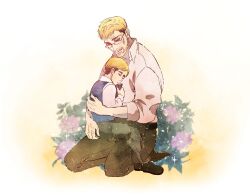 Rule 34 | 2boys, affectionate, beard, blonde hair, blue eyes, book, bush, erwin&#039;s father, erwin smith, facial hair, father and son, flower, glasses, holding, holding book, maerwin21, male focus, multiple boys, pants, shingeki no kyojin, short hair, sitting, sitting on lap, sitting on person, thick eyebrows