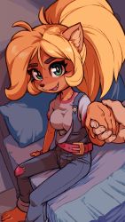 Rule 34 | 1girl, absurdres, barefoot, bed, bed sheet, belt, blonde hair, body fur, breasts, coco bandicoot, crash bandicoot (series), fang, full body, furry, furry female, green eyes, highres, holding hands, indoors, long hair, looking at viewer, medium breasts, open mouth, overalls, pillow, plague of gripes, ponytail, pov, scrunchie, shirt, short sleeves, sitting, smile, t-shirt, wrist scrunchie