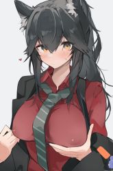 Rule 34 | 1girl, animal ears, arknights, black hair, black jacket, blush, breast hold, breasts, closed mouth, collared shirt, covered erect nipples, female focus, green necktie, hair between eyes, heart, highres, jacket, large breasts, long hair, long sleeves, looking at viewer, mikozin, necktie, off shoulder, official alternate costume, open clothes, open jacket, orange eyes, ponytail, red shirt, shirt, simple background, solo, striped necktie, sweatdrop, texas (arknights), texas (willpower) (arknights), upper body, white background, wolf ears