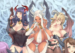 Rule 34 | 3girls, :p, babydoll, bat wings, black sclera, blonde hair, blue hair, blush, bracelet, breast hold, breasts, bridal gauntlets, choker, cleavage, colored sclera, covered erect nipples, dark-skinned female, dark skin, demon girl, demon horns, demon wings, earrings, elbow gloves, fishnet legwear, fishnets, garter straps, gloves, green eyes, twirling hair, hand to own mouth, horns, huge breasts, jewelry, lingerie, mole, mole under mouth, multiple girls, negligee, nipples, original, panties, pointy ears, sakurama haruomi, see-through, tattoo, thighhighs, tongue, tongue out, underwear, white hair, white legwear, wide hips, wings, yellow eyes