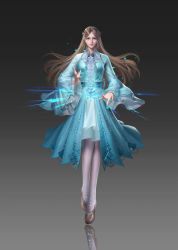 Rule 34 | 1girl, blue dress, blue eyes, braid, brown footwear, brown hair, chang tui gugu, closed mouth, collar, douluo dalu, dress, floating, floating object, frilled collar, frills, full body, glowing, grey background, highres, long hair, long sleeves, looking at viewer, ning rongrong (douluo dalu), pagoda, smile, solo, thighhighs, tiara