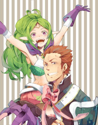 Rule 34 | 1boy, 1girl, armor, armpits, arms up, boots, brown eyes, brown hair, carrying, carrying person, commentary, fire emblem, fire emblem awakening, gloves, green hair, gregor (fire emblem), highres, long hair, looking at viewer, nintendo, nowi (fire emblem), open mouth, pointy ears, ponytail, purple eyes, purple footwear, purple gloves, short hair, shorts, shoulder armor, smile, teeth, yachimata 1205