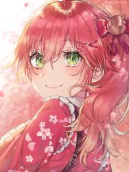 Rule 34 | 1girl, ahoge, alternate hairstyle, artist name, bell, blush, bow, closed mouth, commentary, english commentary, floral print, from behind, green eyes, hair bell, hair between eyes, hair bow, hair ornament, hairclip, highres, hololive, japanese clothes, jingle bell, kanniiepan, kimono, long hair, long sleeves, looking at viewer, looking back, petals, print kimono, red bow, red hair, red kimono, sakura miko, side ponytail, smile, solo, upper body, virtual youtuber, x hair ornament