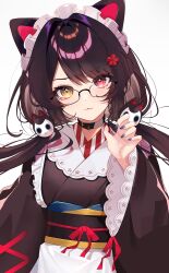 Rule 34 | 1girl, absurdres, animal ears, bespectacled, black collar, blue nails, brown hair, brown kimono, closed mouth, collar, fang, fingernails, flower, glasses, hair flower, hair ornament, hand up, heterochromia, highres, inui toko, japanese clothes, kimono, long hair, long sleeves, looking at viewer, low twintails, maid headdress, nail polish, nijisanji, obi, obiage, obijime, red eyes, red flower, red ribbon, ribbon, sash, solo, swept bangs, twintails, upper body, virtual youtuber, wide sleeves, xiaoyu chiaki, yellow eyes