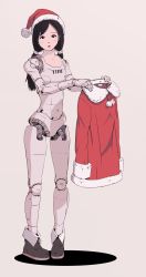 Rule 34 | 1girl, android, boots, dressing, flat chest, full body, grey background, hair tie, hat, highres, joints, mechanical parts, monochrome background, original, robot joints, santa costume, santa hat, simple background, solo, sukabu, twintails