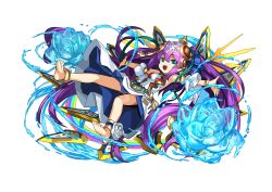 Rule 34 | 1girl, :d, adachi yousuke, anklet, aqua eyes, bare shoulders, barefoot, bracelet, detached sleeves, dress shirt, flower, full body, highres, jewelry, lakshmi (p&amp;d), lotus, official art, open mouth, outstretched arms, purple hair, puzzle &amp; dragons, shirt, simple background, smile, solo, two side up, white background