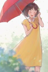 Rule 34 | 1girl, blurry, blush, brown hair, bush, closed eyes, collared dress, depth of field, dot nose, dress, facing viewer, feet out of frame, flat chest, hair ornament, hairclip, happy, holding, holding umbrella, inori (inory), iwakura mitsumi, laughing, leaf, light particles, lower teeth only, messy hair, open mouth, parted bangs, red umbrella, shade, short hair, short sleeves, simple background, skip to loafer, solo, standing, teeth, umbrella, walking, white background, wind, wind lift, yellow dress