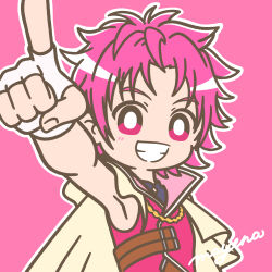 Rule 34 | 1boy, blush, bright pupils, cape, chain, cure top, dancing star precure, fingerless gloves, gloves, gold chain, grin, highres, hoshikawa gaku, magical boy, male focus, mayena, outline, pink background, pink eyes, pink hair, pointing, pointing at viewer, precure, signature, simple background, sleeveless, smile, solo, upper body, white cape, white outline, white pupils