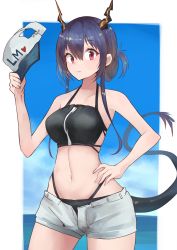 Rule 34 | 1girl, arknights, baseball cap, bikini, bikini under clothes, black bikini, blue hair, blue sky, breasts, ch&#039;en (arknights), ch'en (arknights), clothes writing, cloud, commentary request, cowboy shot, day, dragon horns, dragon tail, female tourist c (arknights), folded ponytail, grey shorts, hair between eyes, hand on own hip, hat, horizon, horns, long hair, looking at viewer, medium breasts, navel, ocean, official alternate costume, open clothes, open fly, open shorts, outdoors, red eyes, short shorts, shorts, sky, solo, standing, swimsuit, swimsuit under clothes, tail, unzipped, yuzuruka (bougainvillea)