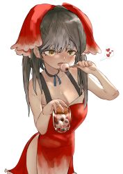 Rule 34 | 1girl, absurdres, black choker, black hair, blush, bow, breasts, choker, cleavage, commentary request, cookie (touhou), cowboy shot, dress, eating, eyeball, hair bow, hakurei reimu, heart, highres, holding, holding jar, jar, long hair, medium breasts, open mouth, red bow, red dress, side slit, simple background, sleeveless, sleeveless dress, solo, spoken heart, toaru yuuzaa, touhou, transparent background, yellow eyes, yuyusu (cookie)