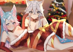 Rule 34 | 2girls, absurdres, animal ear fluff, animal ears, blue eyes, blue hair, breasts, cat ears, cat girl, choker, christmas, christmas tree, cleavage, dress, elbow gloves, flower, frilled dress, frills, fur-trimmed dress, fur trim, gloves, grey eyes, hair flower, hair ornament, highres, large breasts, long hair, looking at viewer, lulanoon, lying, multicolored hair, multiple girls, on side, pink hair, red choker, red dress, red gloves, santa costume, silvervale, streaked hair, swept bangs, tail, tail flower, tail ornament, vei (vtuber), virtual youtuber, vshojo, white hair, wolf ears, wolf girl, wolf tail