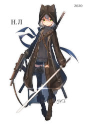 Rule 34 | 1girl, 2020, absurdres, aks-74u, animal ears, animal hood, assault rifle, black footwear, black jacket, black shorts, boots, brown gloves, brown thighhighs, closed mouth, commentary request, coreytaiyo, cross-laced footwear, fake animal ears, full body, gloves, grey hair, grey sweater, gun, hair between eyes, highres, holding, holding gun, holding sword, holding weapon, hood, hood up, hooded jacket, jacket, kalashnikov rifle, katana, lace-up boots, open clothes, open jacket, original, ribbed sweater, rifle, short shorts, shorts, simple background, sleeves past wrists, solo, standing, sweater, sword, tail, thighhighs, thighhighs under boots, turtleneck, turtleneck sweater, weapon, weapon request, white background, yellow eyes