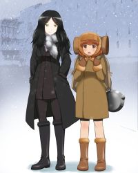 Rule 34 | 2girls, alternate costume, backpack, bag, black footwear, black hair, blush, boots, brown eyes, brown footwear, brown hair, coat, constantia cantacuzino, eyebrows, fur trim, hands in pockets, highres, inufusa yuno, kaneko (novram58), long hair, looking at another, multiple girls, open mouth, pale skin, pantyhose, pixelated, scarf, short hair, smile, snow, snowing, standing, strike witches, winter, winter clothes, world witches series, yellow eyes