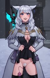 Rule 34 | 1girl, :d, black thighhighs, breasts, cleavage cutout, cleft of venus, clothes lift, clothing cutout, dress, egg vibrator, fangs, female pubic hair, final fantasy, final fantasy xiv, grey dress, grey hair, highres, large breasts, lily amlodd (sneakveek), long hair, long sleeves, no panties, object insertion, open mouth, pubic hair, pussy, pussy juice, sex toy, smile, sneakveek, solo, teeth, thighhighs, upper teeth only, vaginal, vaginal object insertion, vibrator, vibrator in thighhighs, warrior of light (ff14), weapon, weapon on back