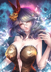 Rule 34 | 1girl, abstract background, absurdres, aonori00, bare shoulders, breasts, cleavage, collarbone, dress, eyebrows hidden by hair, flower, hair between eyes, hair flower, hair ornament, hand up, head tilt, highres, jewelry, large breasts, light smile, long hair, looking at viewer, navel, rocbouquet (saga), romancing saga 2, saga, solo, strapless, strapless dress, upper body, very long hair, yellow eyes