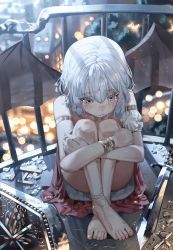 Rule 34 | 1girl, absurdres, anklet, barefoot, bell, blue eyes, blurry, blush, bob cut, bokeh, bracelet, cage, commentary request, crying, curled up, demon wings, depth of field, dress, feet, hani haya, highres, huge filesize, hugging own legs, jewelry, crossed legs, original, red dress, sad, short dress, solo, toes, white hair, wings