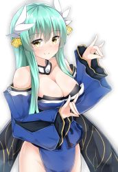 Rule 34 | &gt;:), 1girl, absurdres, aqua hair, bare shoulders, blue dress, closed mouth, collarbone, commentary request, cosplay, detached collar, detached sleeves, dress, fate/grand order, fate (series), fox shadow puppet, hair ornament, hand gesture, highres, horns, japanese clothes, kiyohime (fate), long hair, looking at viewer, moyoron, no panties, pelvic curtain, sidelocks, simple background, smile, solo, standing, tamamo (fate), tamamo cat (fate), tamamo no mae (fate/extra), tamamo no mae (fate/extra) (cosplay), v-shaped eyebrows, white background, yellow eyes