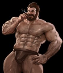 Rule 34 | 1boy, abs, absurdres, arm hair, bara, beard, brown hair, bulge, chest hair, cigar, copyright request, cowboy shot, dopey (dopq), facial hair, graves (league of legends), hair slicked back, hairy, hand on own hip, highres, large pectorals, looking at viewer, male focus, muscular, muscular male, mustache, navel, navel hair, nipples, pectorals, short hair, smoking, solo, thick thighs, thighs, underwear, underwear only, veins