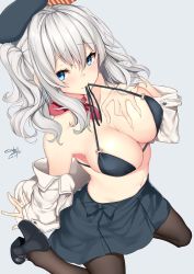 Rule 34 | 1girl, beret, bikini, bikini top only, black bikini, black footwear, black hat, black legwear, blue eyes, blue skirt, blush, breasts, cleavage, collarbone, dated, deep skin, from above, grabbing own breast, grey background, hand on own chest, hat, high heels, highres, kantai collection, kashima (kancolle), large breasts, long hair, looking at viewer, looking up, mouth hold, nebusoku, neckerchief, open clothes, open shirt, red neckerchief, shirt, shoes, silver hair, simple background, sitting, skirt, smile, solo, swimsuit, twintails, twitter username, wariza