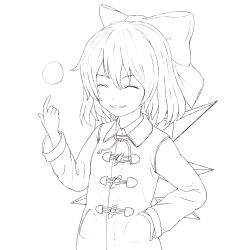Rule 34 | 1girl, ^ ^, cirno, closed eyes, coat, contemporary, closed eyes, greyscale, grin, hand in pocket, highres, kawashina (momen silicon), lineart, monochrome, smile, snowball, solo, toggles, touhou, transparent background, winter clothes
