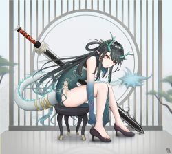 Rule 34 | 1girl, adjusting clothes, adjusting shoe, aqua hair, arknights, bare legs, bare shoulders, barefoot, bitey (arknights), black footwear, black hair, china dress, chinese clothes, chinese commentary, closed mouth, commentary request, dragon girl, dragon horns, dragon tail, dress, dusk (arknights), dusk (everything is a miracle) (arknights), earrings, full body, green dress, high heels, highres, horns, ink, jewelry, leaning forward, long hair, looking at viewer, multicolored hair, official alternate costume, orange eyes, pelvic curtain, pointy ears, silver bullet (yhq811), sitting, sleeveless, sleeveless dress, solo, stool, streaked hair, sword, tail, tail ornament, tail ring, two-tone hair, very long hair, weapon