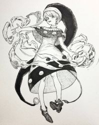 Rule 34 | 1girl, absurdres, blush, capelet, doremy sweet, dress, full body, greyscale, hat, highres, looking at viewer, mashimashi, monochrome, nightcap, open mouth, pom pom (clothes), shoes, short hair, solo, tail, tapir tail, touhou, traditional media
