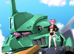 Rule 34 | 1girl, absurdres, ark line, bike shorts, blue eyes, breasts, dijeh, gundam, highres, jacket, large breasts, mecha, open clothes, open jacket, pink hair, robot, shorts, strapless, thighhighs, thong, tube top, twintails, zeta gundam