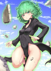 Rule 34 | 1girl, arms up, aura, black dress, blue sky, breasts, cloud, covered erect nipples, covered navel, dress, energy, psychic, fantasy, female focus, floating, floating hair, flying, glowing, green eyes, green hair, highres, impossible clothes, long sleeves, looking at viewer, magic, navel, one-punch man, parted lips, psychic, rabittofaa, rock, science fiction, short hair, skin tight, sky, small breasts, solo, stone, tatsumaki, telekinesis, thighs