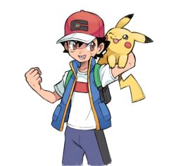 Rule 34 | 1boy, :d, ash ketchum, backpack, bag, black hair, blue vest, brown eyes, clenched hand, commentary, creatures (company), game freak, gen 1 pokemon, hat, highres, hyo oppa, lower teeth only, male focus, nintendo, open clothes, open mouth, open vest, pikachu, pokemon, pokemon (anime), pokemon (creature), pokemon journeys, red headwear, shirt, short hair, short sleeves, shorts, smile, t-shirt, teeth, vest, white shirt
