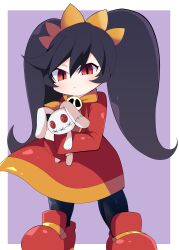 Rule 34 | 1girl, absurdres, ashley (warioware), black hair, black thighhighs, blush, border, child, closed mouth, dress, expressionless, eyebrows, eyelashes, female focus, full body, highres, hugging doll, hugging object, long hair, long sleeves, looking at viewer, neckerchief, nintendo, orange neckerchief, pale skin, purple background, red dress, red eyes, red footwear, shinsou komachi, shoes, simple background, solo, standing, thighhighs, twintails, warioware, white border