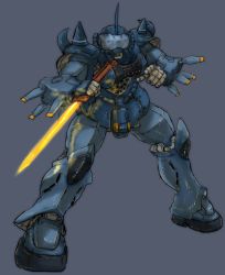 Rule 34 | blue background, energy sword, gouf, gundam, holding, holding sword, holding weapon, mecha, mobile suit, mobile suit gundam, no humans, open hand, redesign, reverse grip, robot, science fiction, solo, spikes, sword, weapon, yamada yuuji, zeon