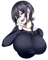 Rule 34 | 1girl, bad id, bad twitter id, black hair, breasts, collarbone, commentary, hair ornament, hairclip, head tilt, highres, huge breasts, hz (666v), long hair, looking at viewer, open mouth, original, sharp teeth, simple background, smile, solo, teeth, upper body, white background, yellow eyes