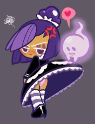 Rule 34 | anger vein, angry, ass, bad id, bad twitter id, blackberry cookie, blush, clothes lift, cookie run, ghost, heart, highres, lifting another&#039;s clothes, maid, panties, pantyshot, pink panties, purple eyes, purple hair, skirt, skirt lift, spoken heart, striped legwear, underwear