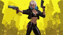 Rule 34 | 1girl, black collar, black jacket, black nails, black pants, blue eyes, breasts, building, collar, collarbone, cosplay, cropped jacket, cyberpunk (series), cyberpunk 2077, dual wielding, earrings, eyelashes, grey hair, gun, handgun, highres, holding, holding gun, holding weapon, indie virtual youtuber, jacket, jewelry, lee kimsan, midriff, minko xiv, navel, navel piercing, open clothes, open jacket, pants, parted lips, piercing, red lips, second-party source, short hair, solo, unzipped, utility pole, v (cyberpunk), v (cyberpunk) (cosplay), virtual youtuber, weapon, yellow theme
