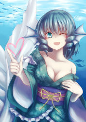 Rule 34 | 1girl, bare shoulders, blue eyes, blue hair, breasts, cheungchz, cleavage, collarbone, dolphin, fang, fins, fish, floral print, head fins, heart, japanese clothes, kimono, large breasts, long sleeves, looking at viewer, matching hair/eyes, mermaid, monster girl, obi, off shoulder, one eye closed, open mouth, sash, smile, solo, touhou, underwater, wakasagihime, wet, wet clothes, wide sleeves, wink