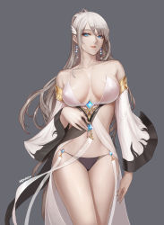 Rule 34 | 1girl, absurdres, bare shoulders, black panties, blue eyes, breasts, collarbone, cowboy shot, detached sleeves, dress, dungeon and fighter, earrings, covered erect nipples, female gunner (dungeon and fighter), gem, highres, jewelry, large breasts, long hair, long sleeves, looking at viewer, monaim, navel, panties, parted lips, ponytail, revealing clothes, revision, sidelocks, silver hair, solo, stomach, underwear, white dress, wide sleeves