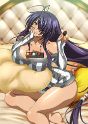 Rule 34 | 1girl, ass, bare shoulders, blue eyes, breasts, chocolate, cleavage, ikkitousen, kan&#039;u unchou, large breasts, long hair, looking at viewer, on bed, pillow, purple hair, sitting, smile, solo, very long hair