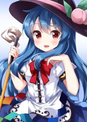 Rule 34 | 1girl, black hat, blue hair, blue skirt, blush, bow, bowtie, buttons, center frills, collared shirt, food, frills, fruit, hair between eyes, hat, highres, hinanawi tenshi, holding, holding sword, holding weapon, long hair, looking at viewer, open mouth, peach, puffy short sleeves, puffy sleeves, rainbow order, red bow, red bowtie, red eyes, ruu (tksymkw), shirt, short sleeves, skirt, smile, solo, sword, sword of hisou, touhou, weapon, white shirt