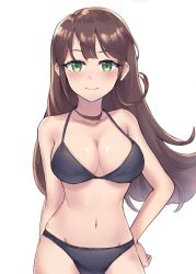 Rule 34 | 10s, 1girl, arm behind back, bad id, bad pixiv id, bare arms, bare legs, bare shoulders, bikini, black bikini, blush, breasts, brown hair, c:, cleavage, closed mouth, collarbone, cowboy shot, female focus, floating hair, green eyes, groin, hand on own hip, highres, idolmaster, idolmaster cinderella girls, large breasts, legs, long hair, looking at viewer, lumda, navel, neck, shibuya rin, simple background, smile, solo, swimsuit, white background