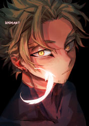 Rule 34 | 1boy, artist name, black background, boku no hero academia, brown hair, close-up, closed eyes, collarbone, commentary, earrings, facial hair, forehead, glowing, glowing feather, goatee, hawks (boku no hero academia), jewelry, kadeart, looking at viewer, male focus, parted bangs, short hair, simple background, slit pupils, solo, spiked hair, stubble, thick eyebrows, yellow eyes