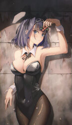 Rule 34 | 1girl, absurdres, alternate costume, animal ears, armpits, bare shoulders, berry, between breasts, black leotard, black ribbon, blue eyes, blue hair, breasts, brown pantyhose, chain, chain headband, cleavage, covered navel, detached collar, fake animal ears, hair intakes, highres, holding, holding plant, hololive, hololive english, isolatediev, large breasts, leaf, leotard, light blush, medium hair, neck ribbon, ouro kronii, pantyhose, parted lips, plant, playboy bunny, rabbit ears, ribbon, ribbon earrings, solo, spotlight, standing, stone wall, strapless, strapless leotard, virtual youtuber, wall, white wrist cuffs, wrist cuffs
