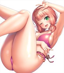 Rule 34 | 1girl, ;d, arm up, armpits, ass, bang dream!, bare legs, bikini, blunt bangs, blush, breasts, cleavage, collarbone, commentary request, cowboy shot, fingernails, green eyes, groin, hand on own stomach, head tilt, heart, knees up, lambda (kusowarota), large breasts, long fingernails, looking at viewer, low twintails, midriff, one eye closed, open mouth, pink bikini, pink hair, shiny clothes, shiny skin, sidelocks, simple background, sitting, smile, solo, swimsuit, twintails, uehara himari, v, white background