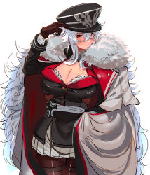 Rule 34 | 1girl, azur lane, black gloves, blush, breasts, cleavage, cleavage cutout, cloak, clothing cutout, cross, fur-trimmed cloak, fur trim, gloves, graf zeppelin (azur lane), hair between eyes, hat, hey taisyou, highres, iron cross, large breasts, long hair, looking at viewer, pantyhose, peaked cap, pleated skirt, red eyes, simple background, skirt, solo, upper body, very long hair, white background